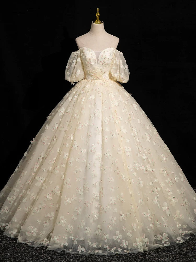champagne puff sleeve dress champagne formal dress with sleeves Strapless Puff-Sleeve Long Prom Dress CD948 Champagne / 2