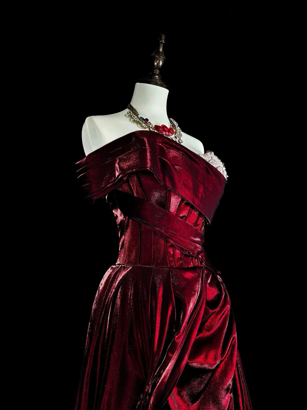 A-Line Off Shoulder Satin Burgundy Long Prom Dress with Beads