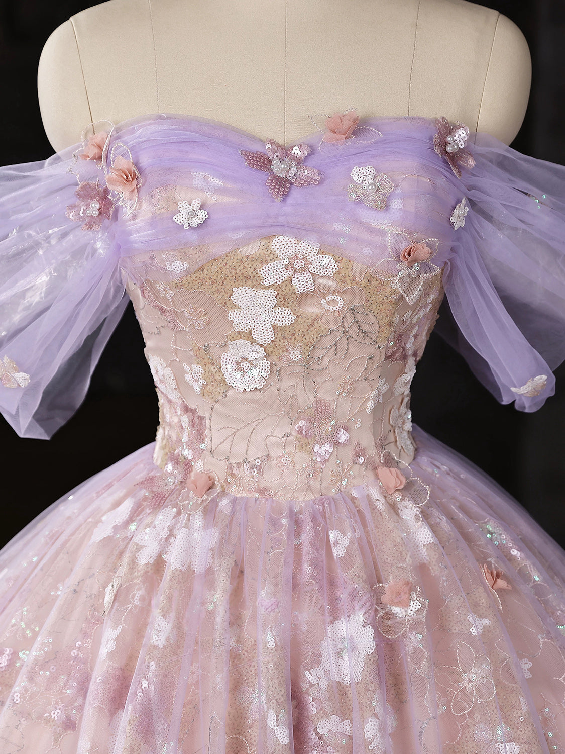 A-Line Sweetheart Neck Off Shoulder Tulle Lace Purple Long Prom Dress