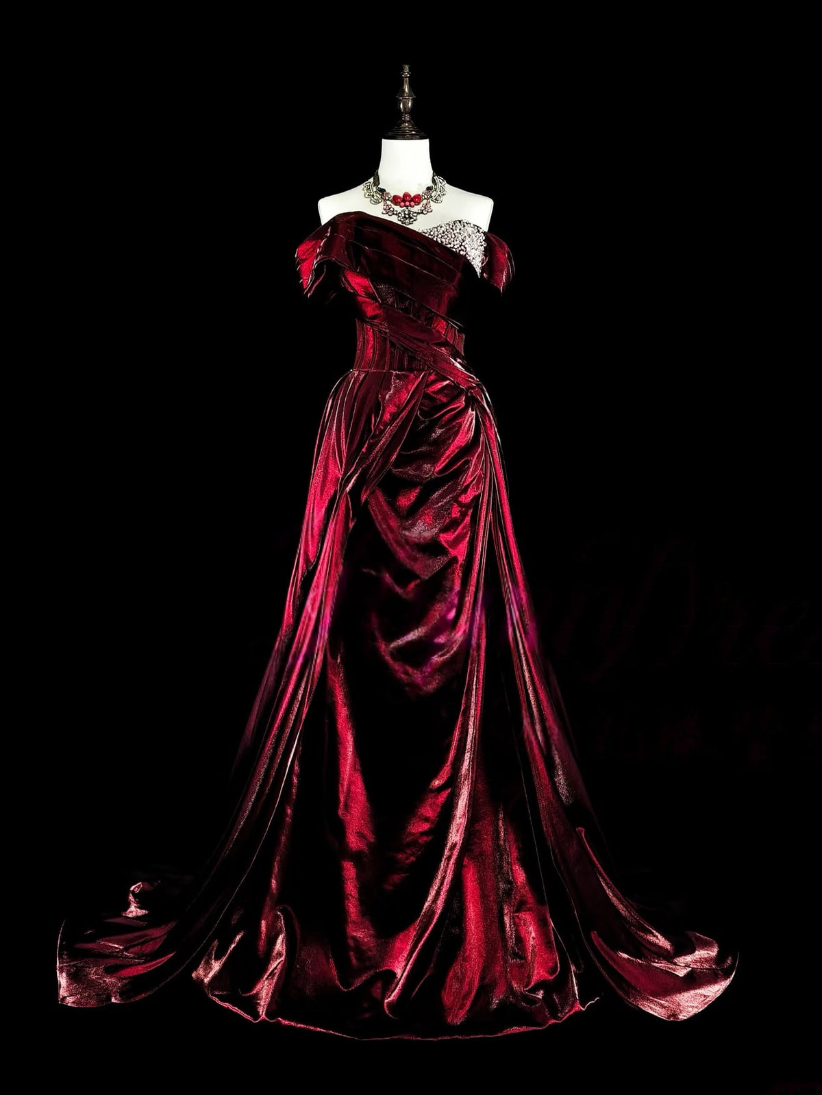 A-Line Off Shoulder Satin Burgundy Long Prom Dress with Beads