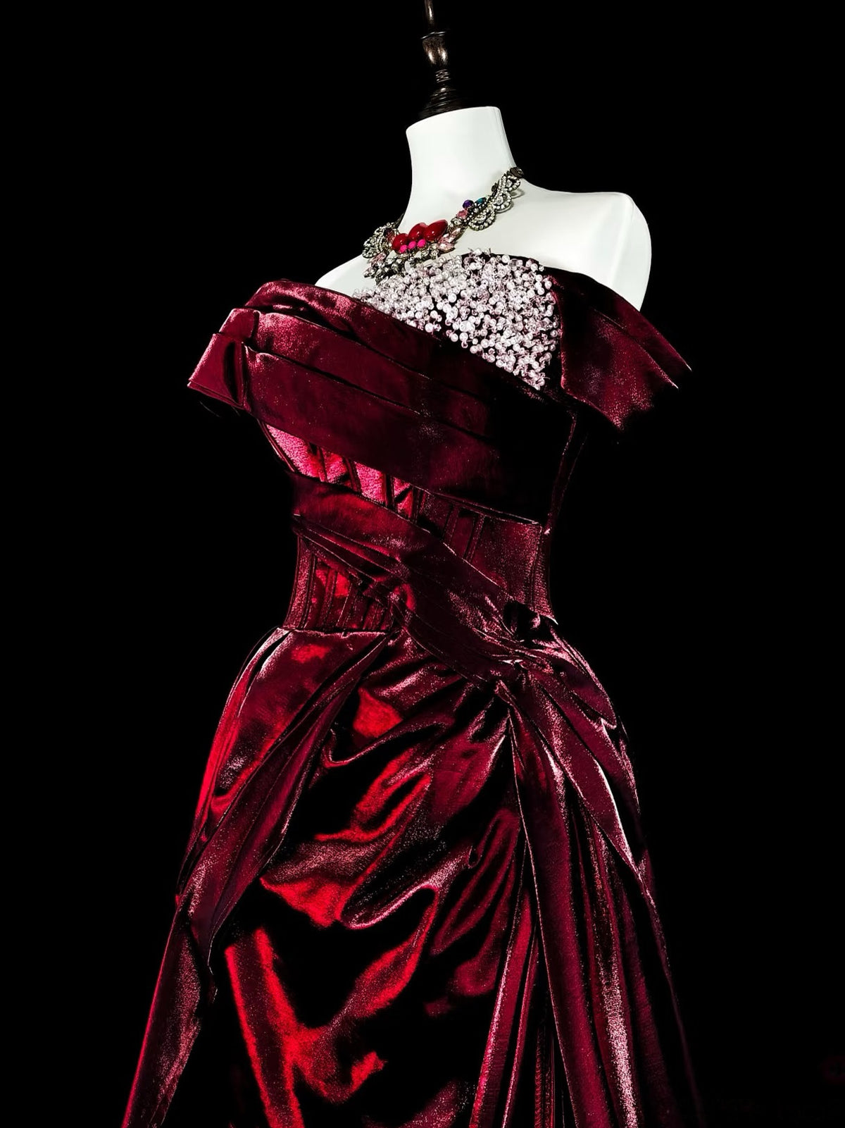 A-Line Off Shoulder Satin Burgundy Long Prom Dress with Beads