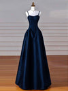Simple A-Line Dark Blue Satin Long Prom Dress, Dark Blue Long Formal Dress