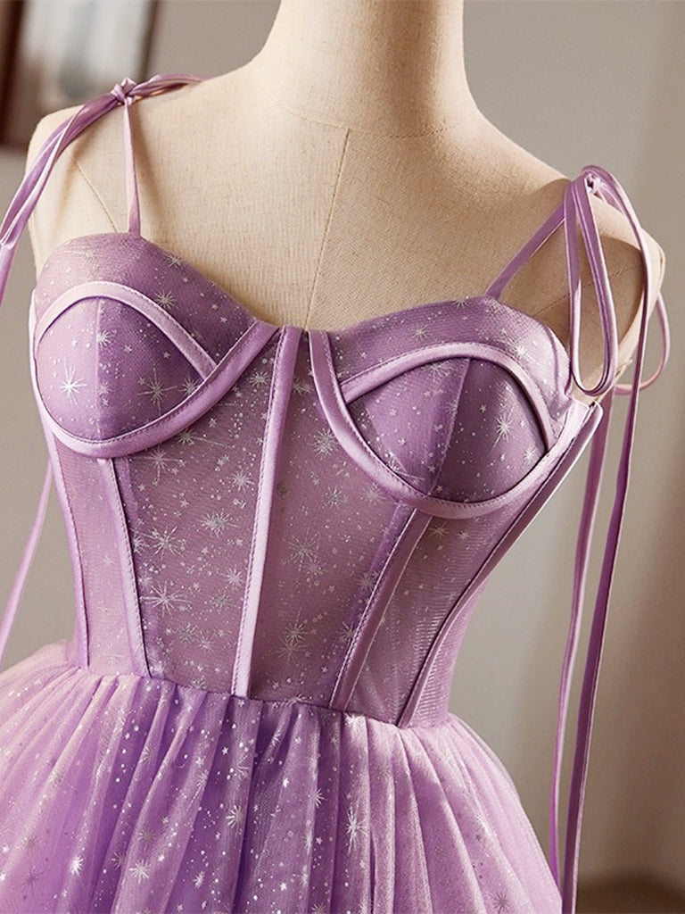 Purple Tulle A-Line Knee Length Party Dress, Lovely Spaghetti Strap Evening Prom Dress US 16 / Purple Purple Tulle A-Line Knee Length Party Dress, Lovely Spaghetti Strap Evening Prom Dress US 16 / Purple