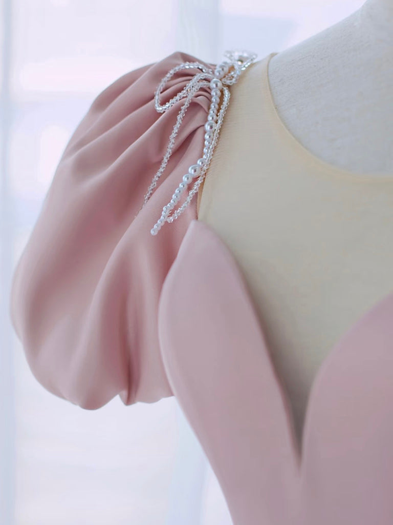 A-Line Puff Sleeves Satin Pink Long Prom Dress, Pink Long Formal Dress US 8 / Custom Color A-Line Puff Sleeves Satin Pink Long Prom Dress, Pink Long Formal Dress US 8 / Custom Color