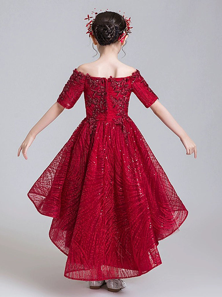 A-Line High Low Tulle Lace Burgundy Flower Girl Dress 10 / Burgundy A-Line High Low Tulle Lace Burgundy Flower Girl Dress 10 / Burgundy