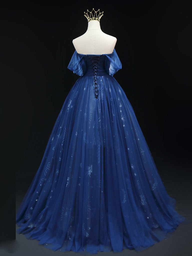 navy blue sweetheart neckline prom dress Dark Navy Sweetheart Lace Appliques Tulle A-line Prom Dress Dark Navy / US 16