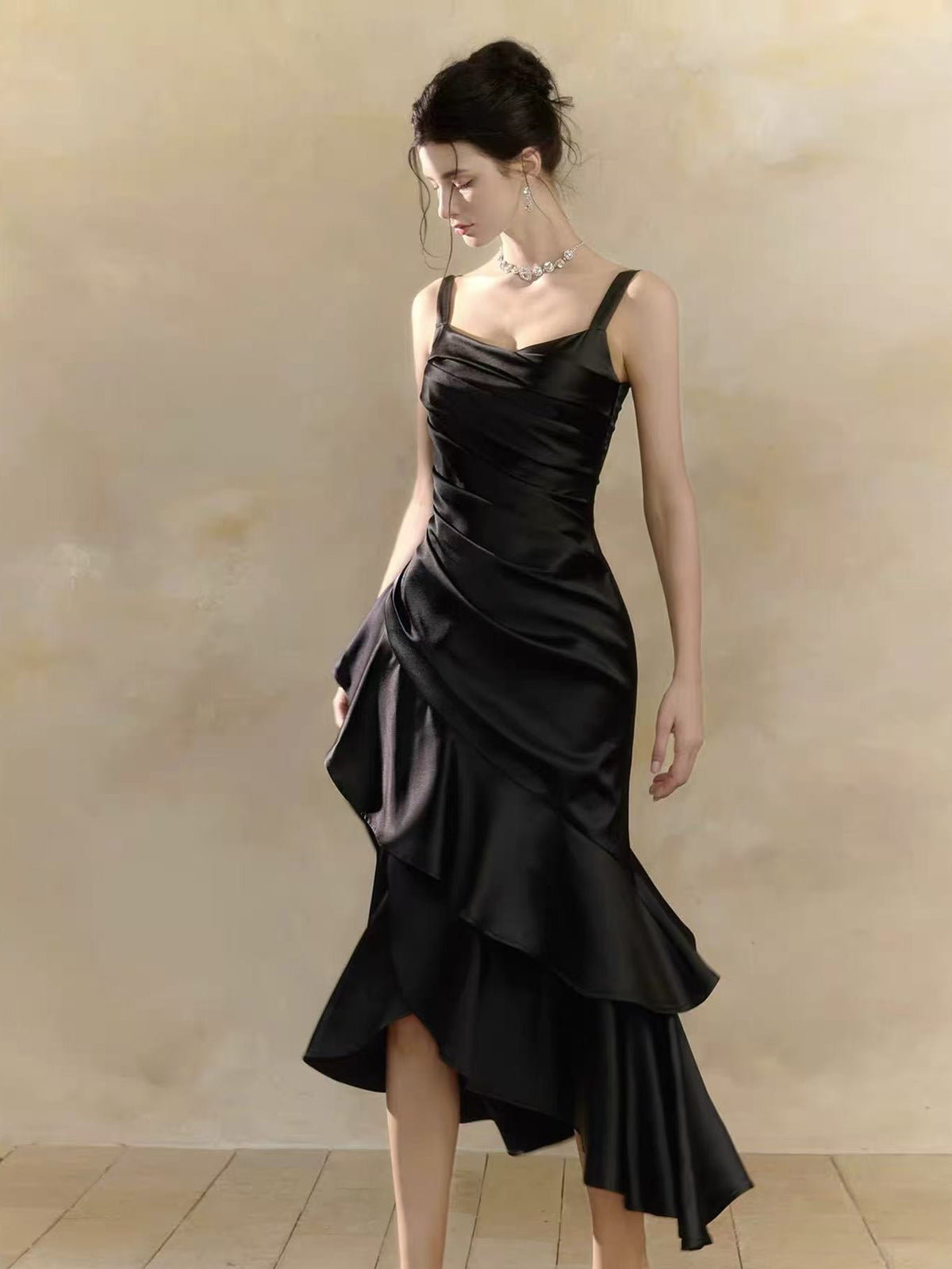 Simple Mermaid Satin Tea Length Black Prom Dress, Black Evening Dress