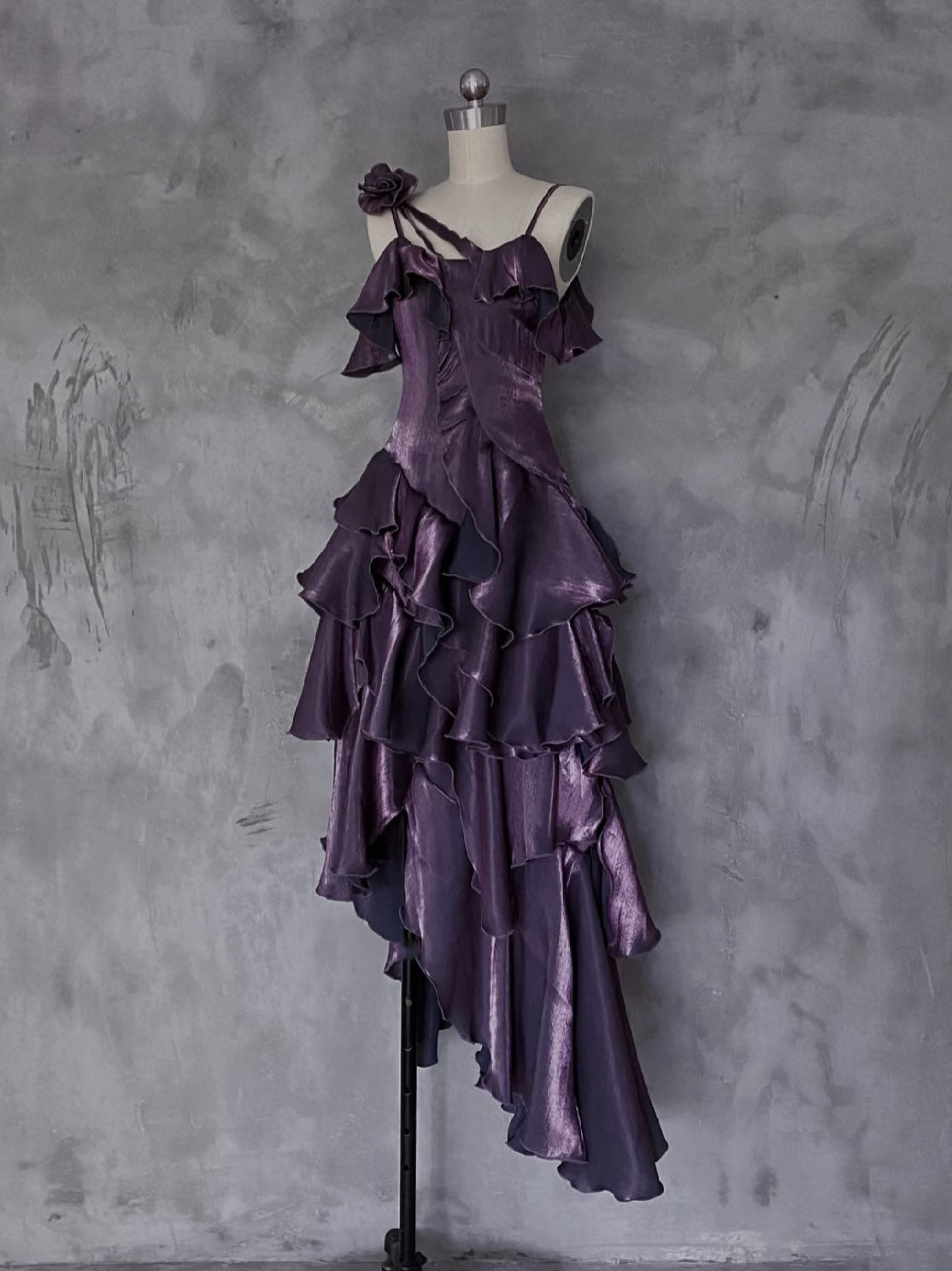 A-line Off Shoulder Silk Ruffles Burgundy Prom Dress, Burgundy Party Dress