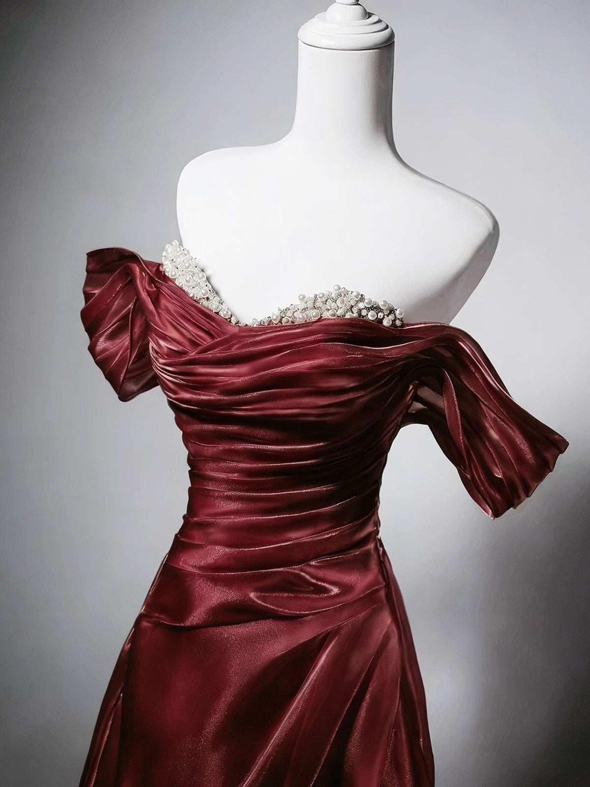 A-line Sweetheart Neck Off Shoulder Burgundy Long Prom Dress with Beads