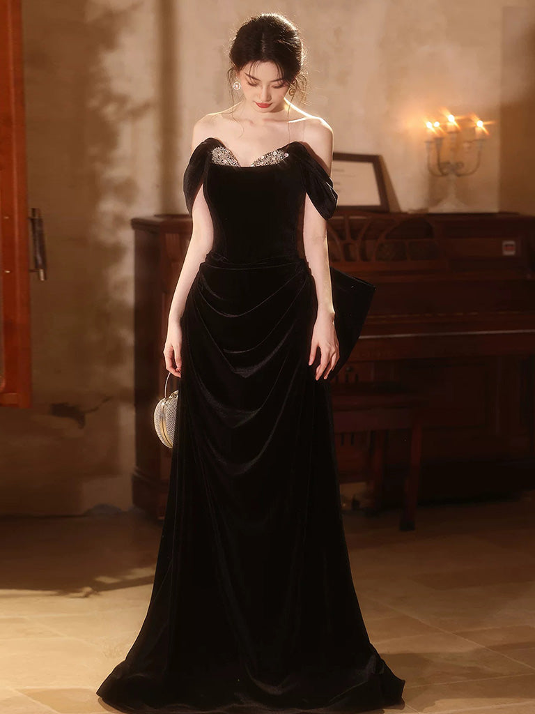 black velvet dress a line A-Line Off Shoulder Velvet Black Long Prom Dress, Black Long Evening Dress Custom Size / Black