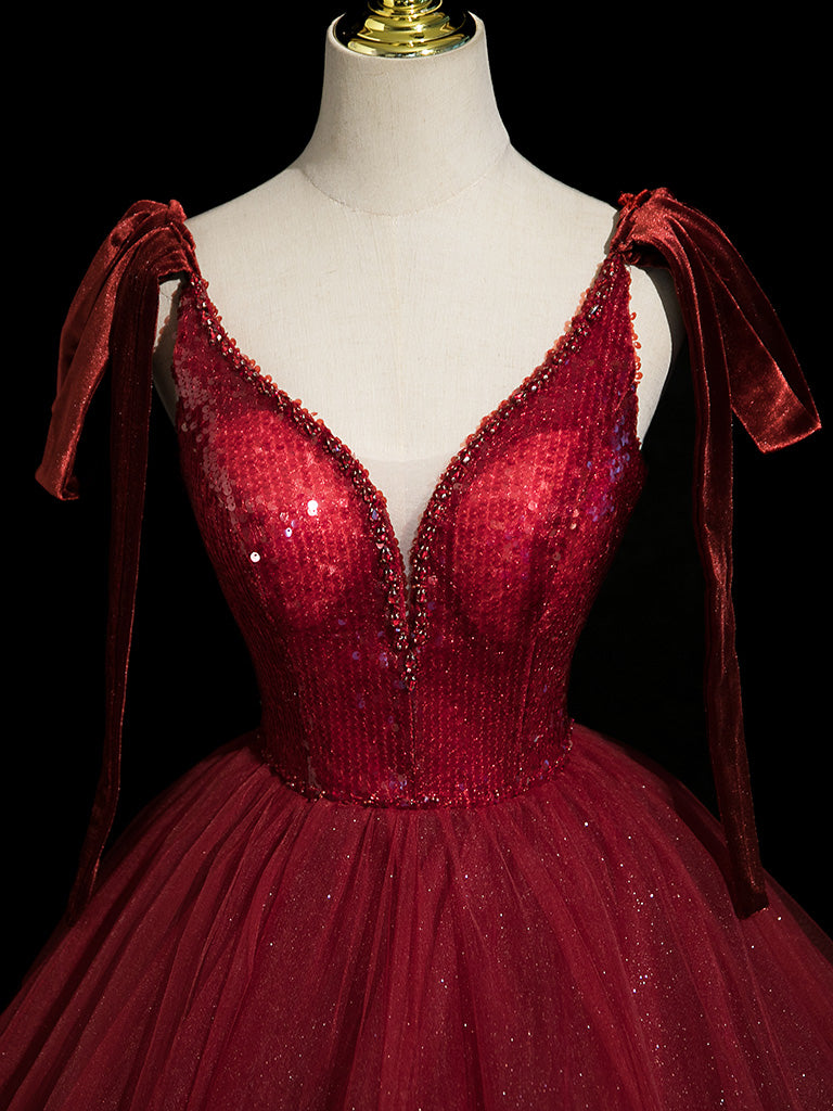 A-Line V Neck Tulle Sequin Burgundy Long Prom Dress, Burgundy Long Evening Dress