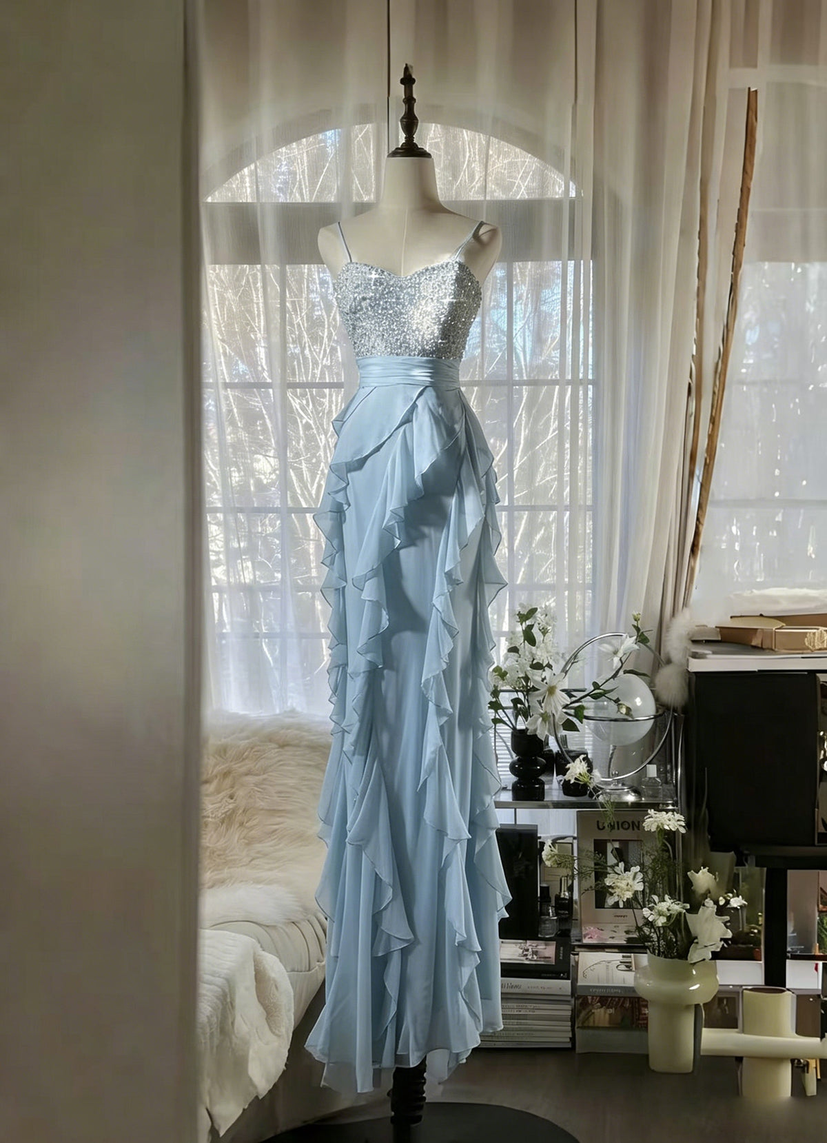 A-line Sweetheart Chiffon Ruffles Long Green Prom Dress with Sequin Beads