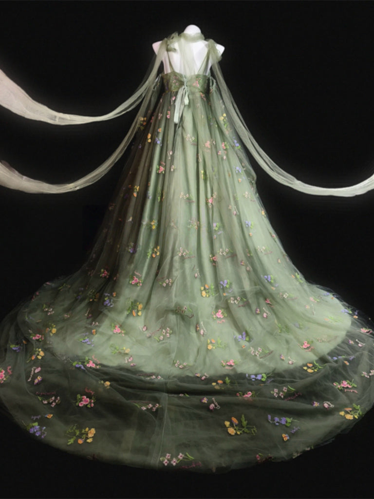 Sweetheart Tulle Lace A-line Sweep Train Green Long Prom Dress