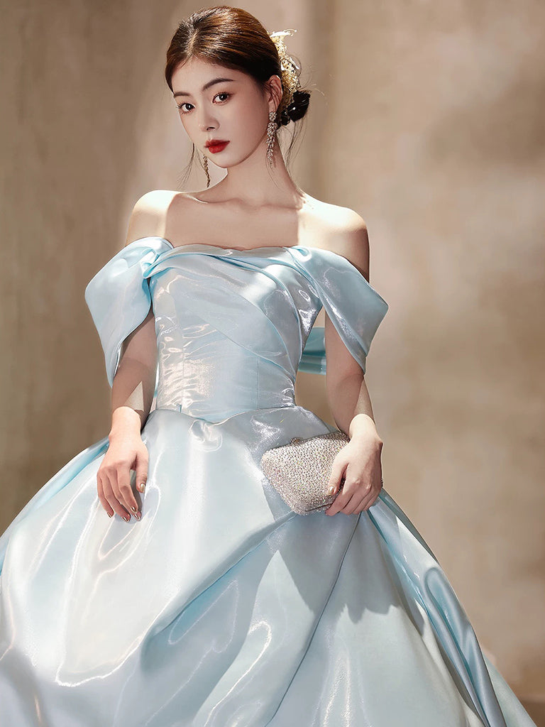 Ball Gown A-line Satin Sweep Train Blue Long Prom Dress