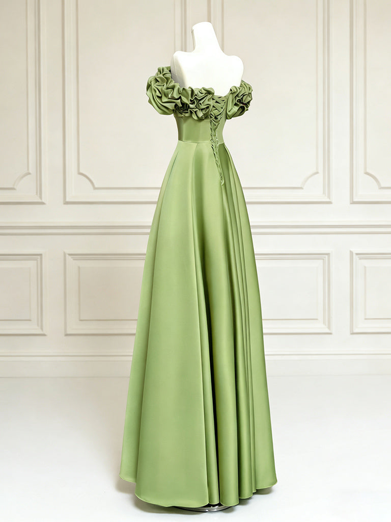 A-Line Floor Length Off Shoulder Satin Green Long Prom Dress