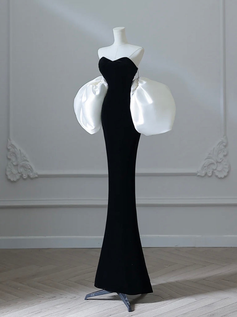 Mermaid Sweetheart Neck Velvet Satin Black Long Prom Dress with Puff Sleeves US 12 / Black Mermaid Sweetheart Neck Velvet Satin Black Long Prom Dress with Puff Sleeves US 12 / Black