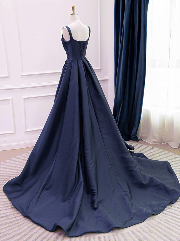 dark navy blue prom dress A-Line Satin Dark Blue Long Prom Dress, Dark Blue Long Evening Dress US 6 / Dark Blue