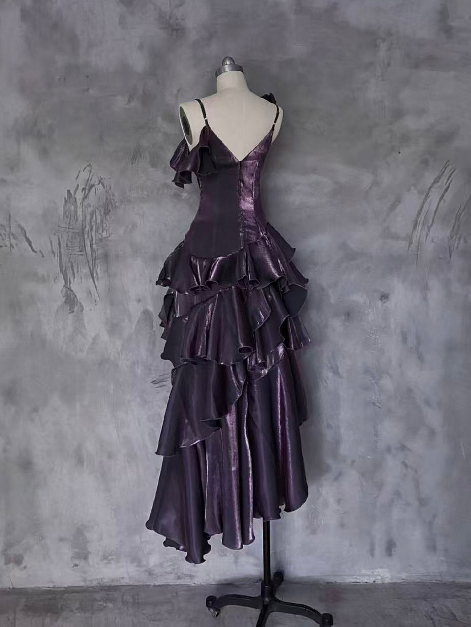 A-line Off Shoulder Silk Ruffles Purple Prom Dress, Purple Formal Dress