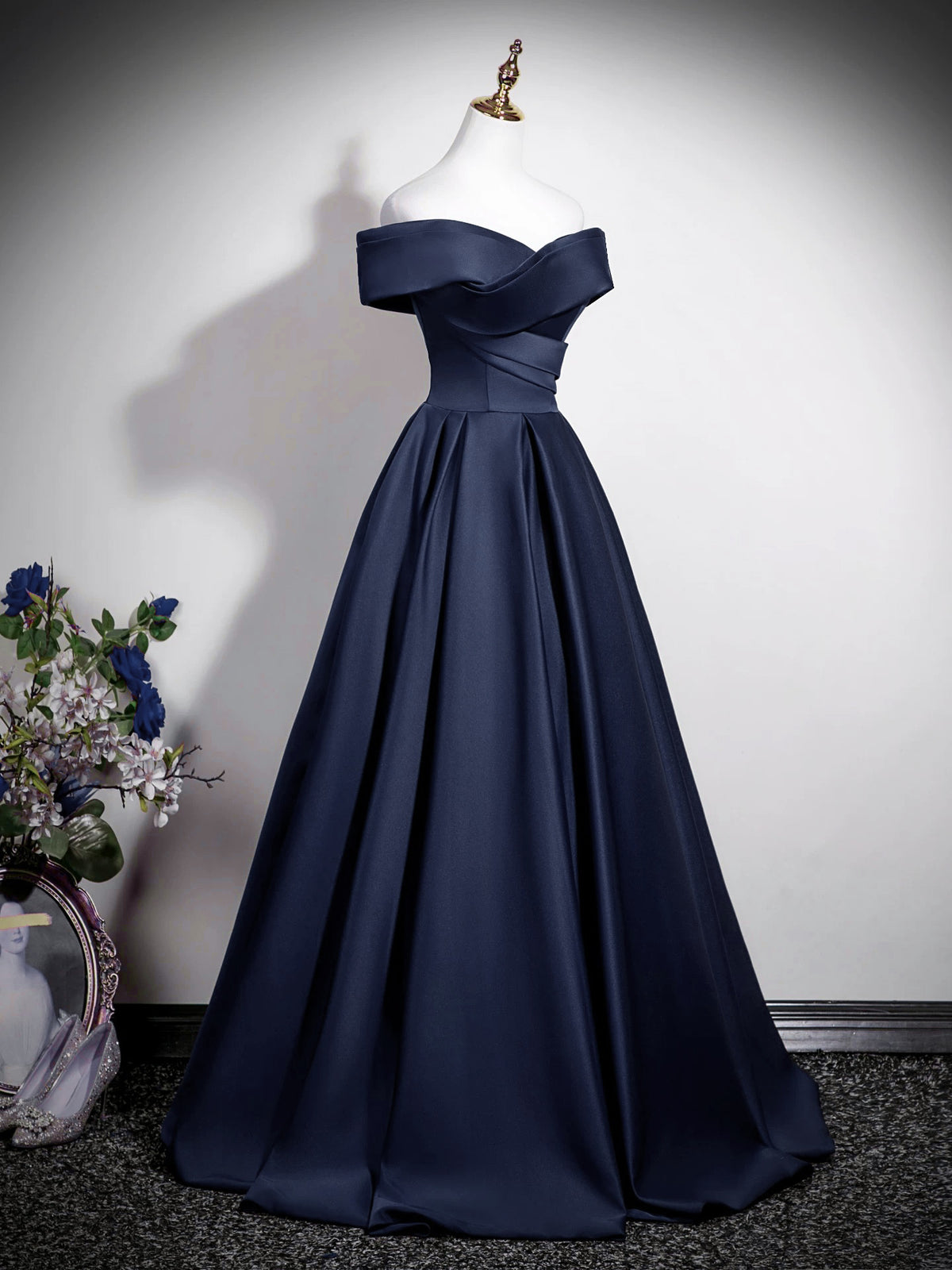 A-Line Off Shoulder Satin Dark Blue Long Prom Dress, Dark Blue Long Formal Dress