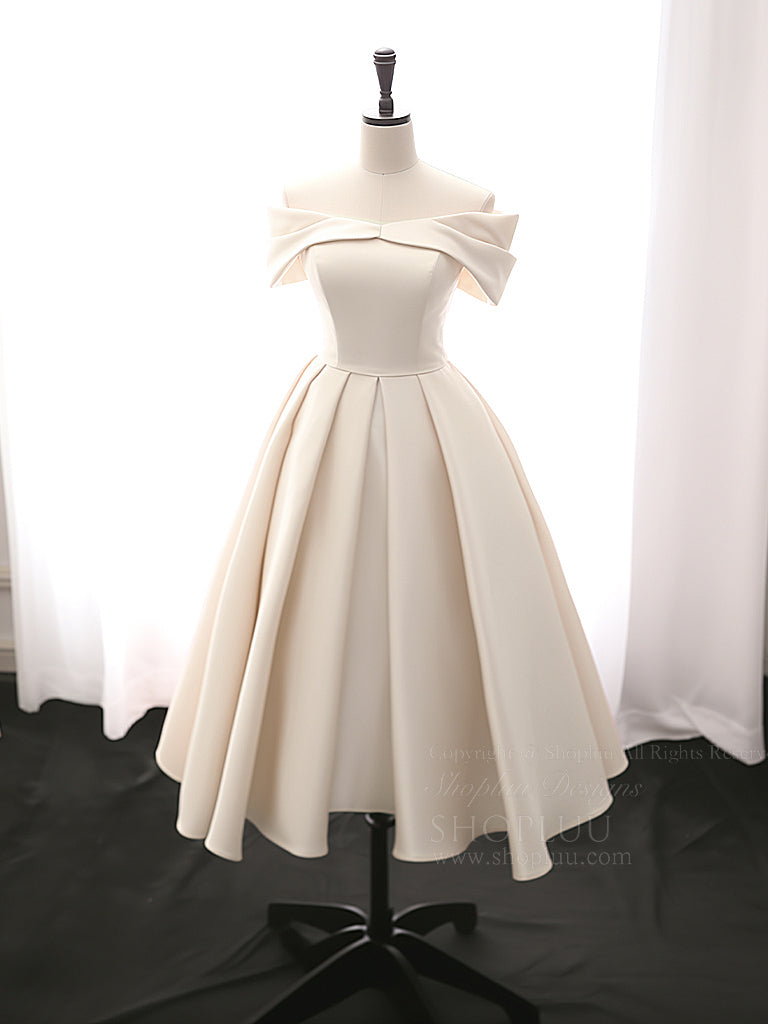 A-Line Off Shoulder Satin Tea Length Blue Prom Dress, Blue Formal Dres shopluu A-Line Off Shoulder Satin Tea Length Blue Prom Dress, Blue Formal Dres shopluu
