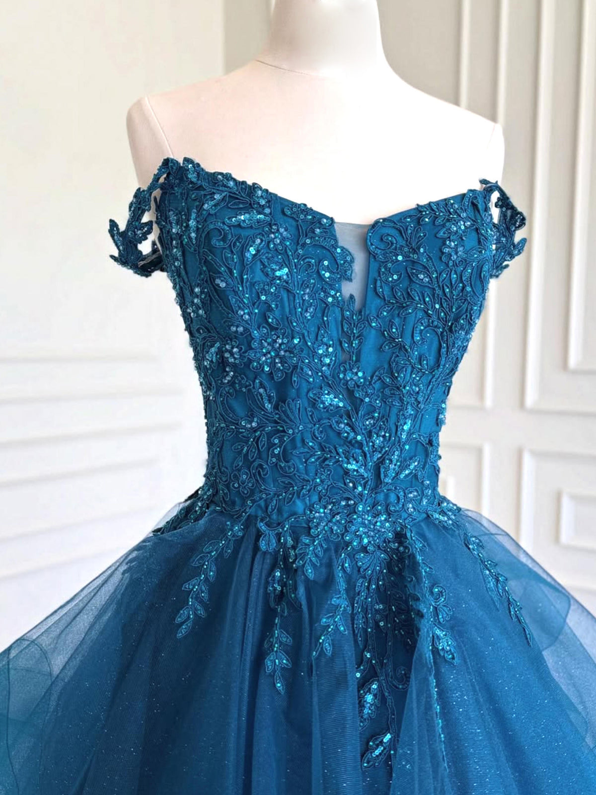 A-Line V Neck Off Shoulder Tulle Lace Blue Long Prom Dress, Blue Formal Dress