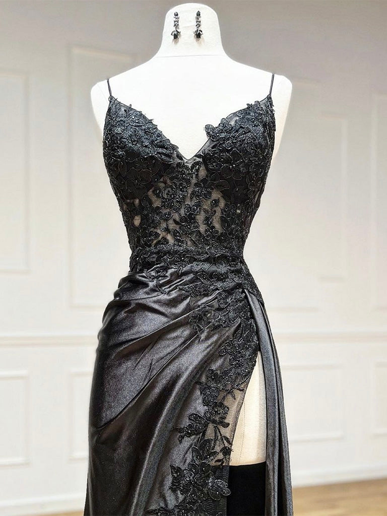 Dark Blue V Neck Satin Lace Long Prom Dress, Dark Blue Lace Long Evening Dress US 2 / Dark Blue Dark Blue V Neck Satin Lace Long Prom Dress, Dark Blue Lace Long Evening Dress US 2 / Dark Blue