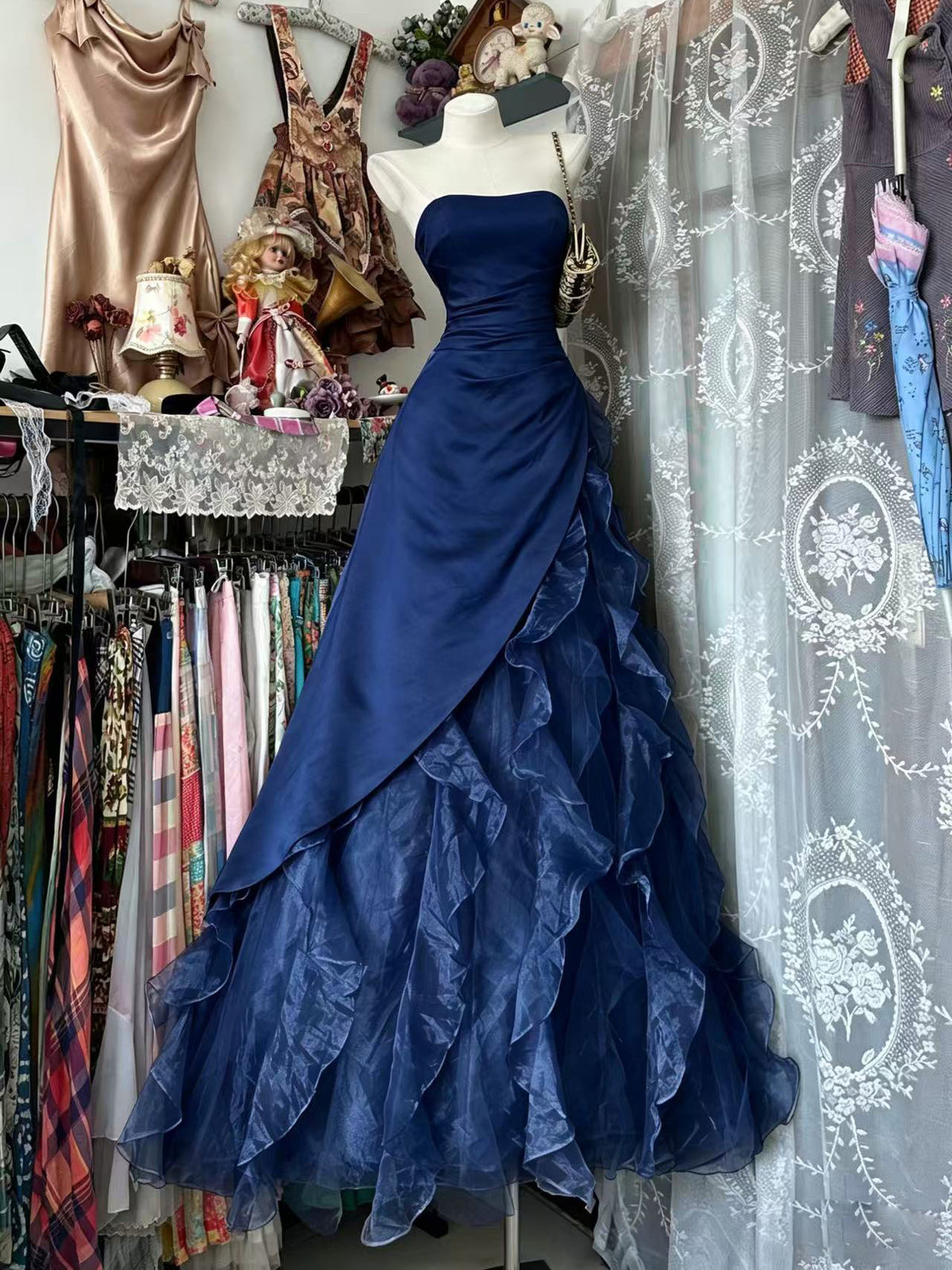 Unique A-line Floor Length Ruffles Satin Organza Dark Blue Prom Dress