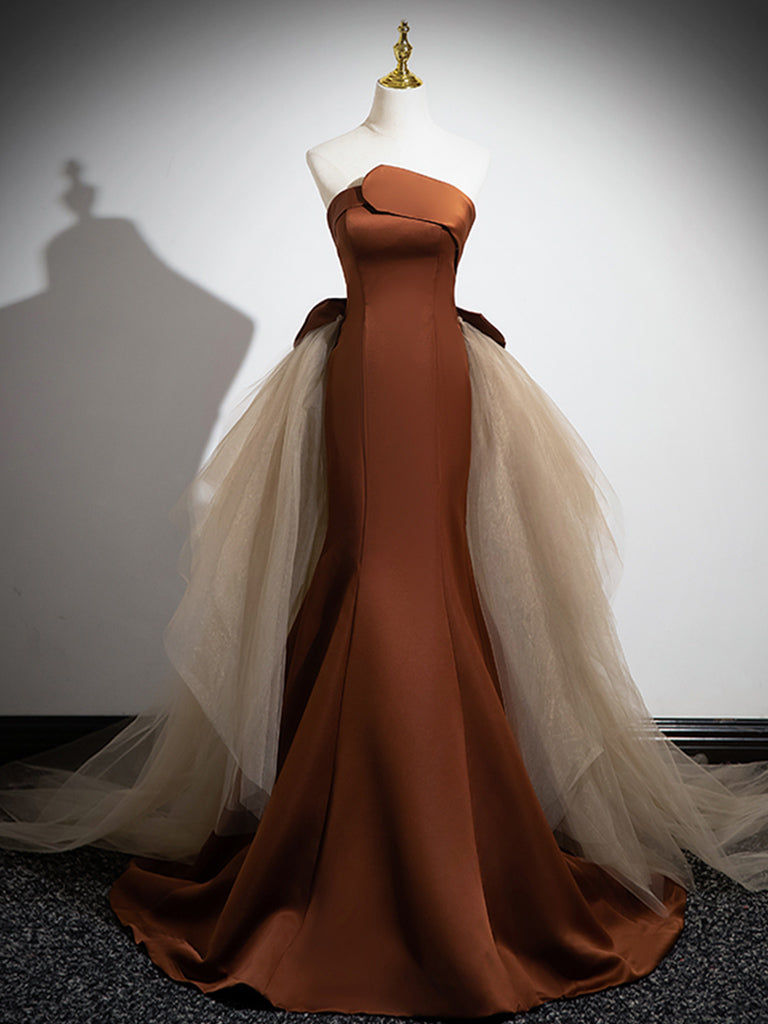 Mermaid Satin Tulle Long Prom Dress, Brown Strapless Evening Party Dress US 4 / Brown Mermaid Satin Tulle Long Prom Dress, Brown Strapless Evening Party Dress US 4 / Brown