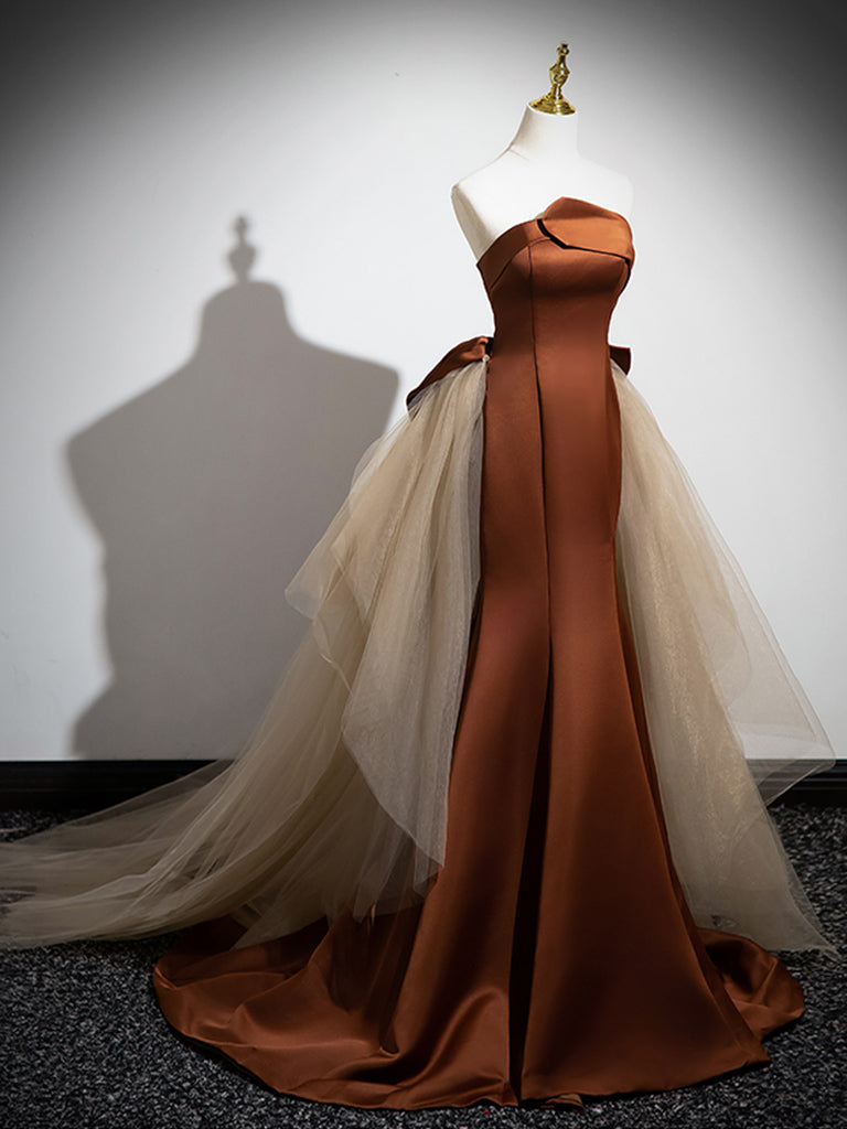 mermaid brown prom dress Elegant Spaghetti Strap V-Neck Prom Dresses Satin Mermaid Evening Dress 24060