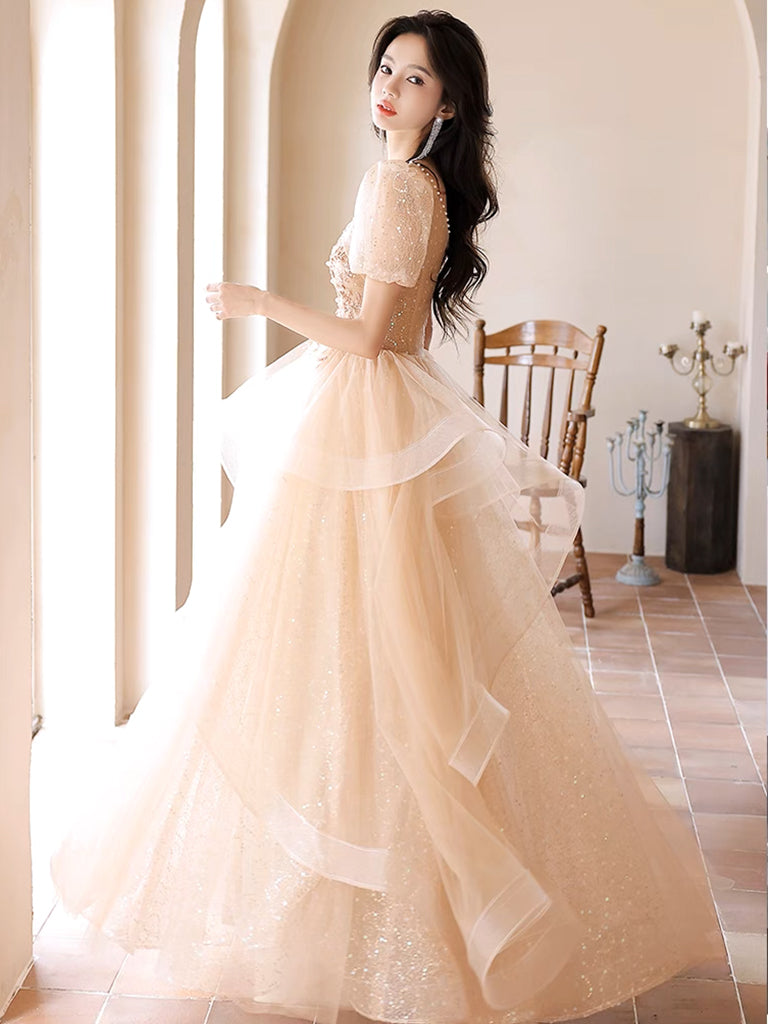 A-Line Champagne Tulle Lace Long Prom Dress, Champagne Long Formal Dress US 12 / Champagne A-Line Champagne Tulle Lace Long Prom Dress, Champagne Long Formal Dress US 12 / Champagne