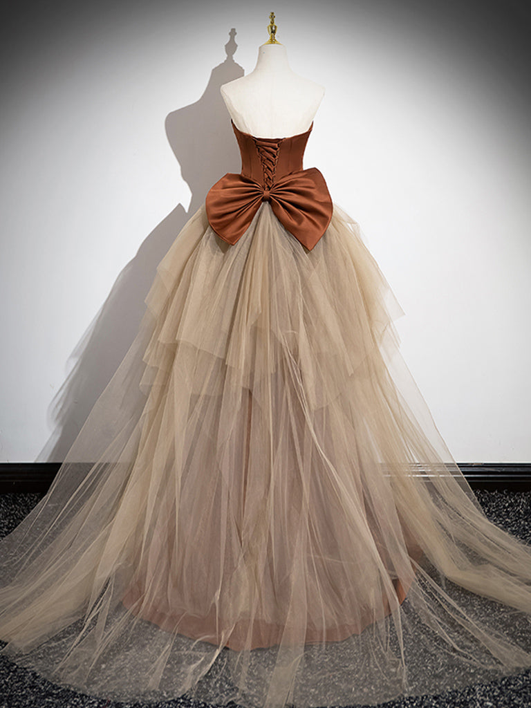 Simple Mermaid Brown/Champagne Satin Tulle Long Prom Dress, Brown