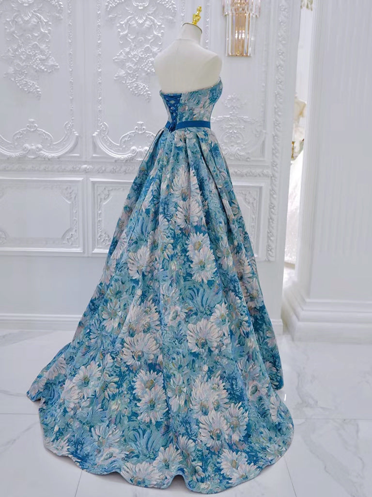 A-Line Flower Satin Blue Long Prom Dress, Blue Long Formal Dress shopluu A-Line Flower Satin Blue Long Prom Dress, Blue Long Formal Dress shopluu