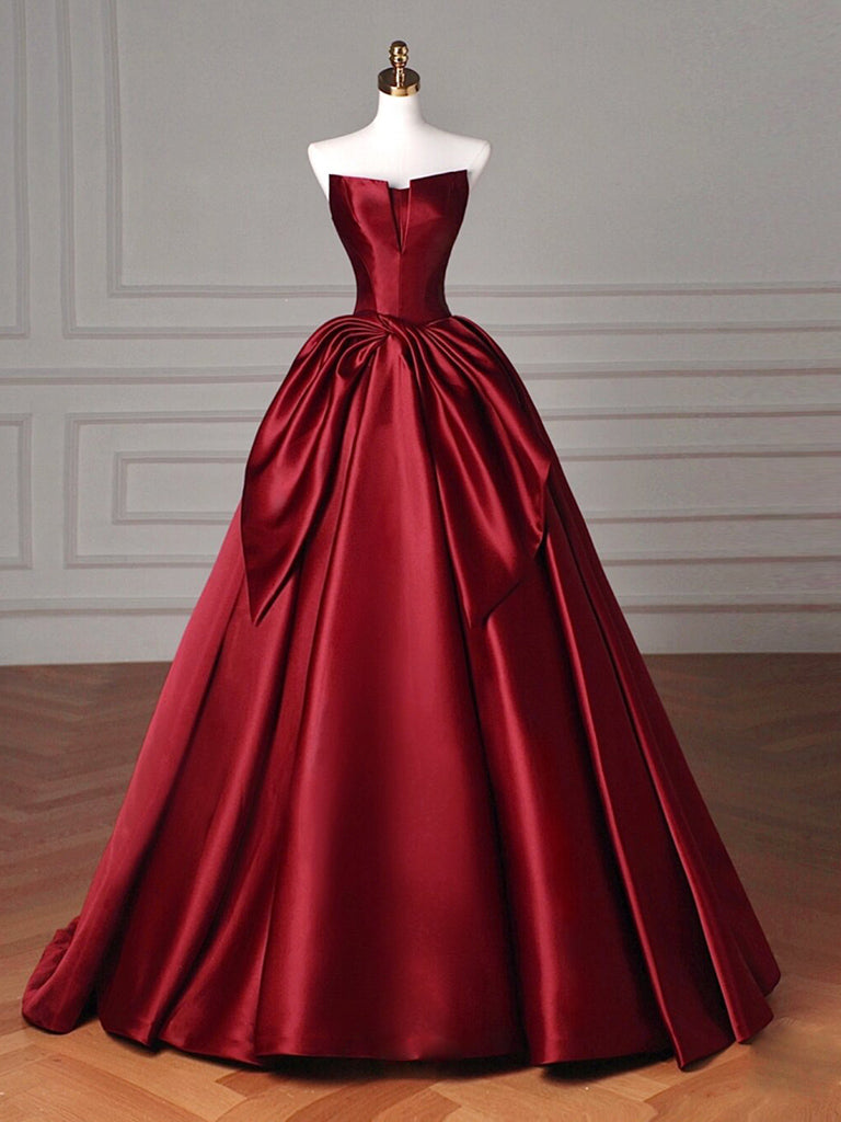 Burgundy Satin Long Prom Dress, A-Line Strapless Evening Party Dress US 12 / Burgundy Burgundy Satin Long Prom Dress, A-Line Strapless Evening Party Dress US 12 / Burgundy