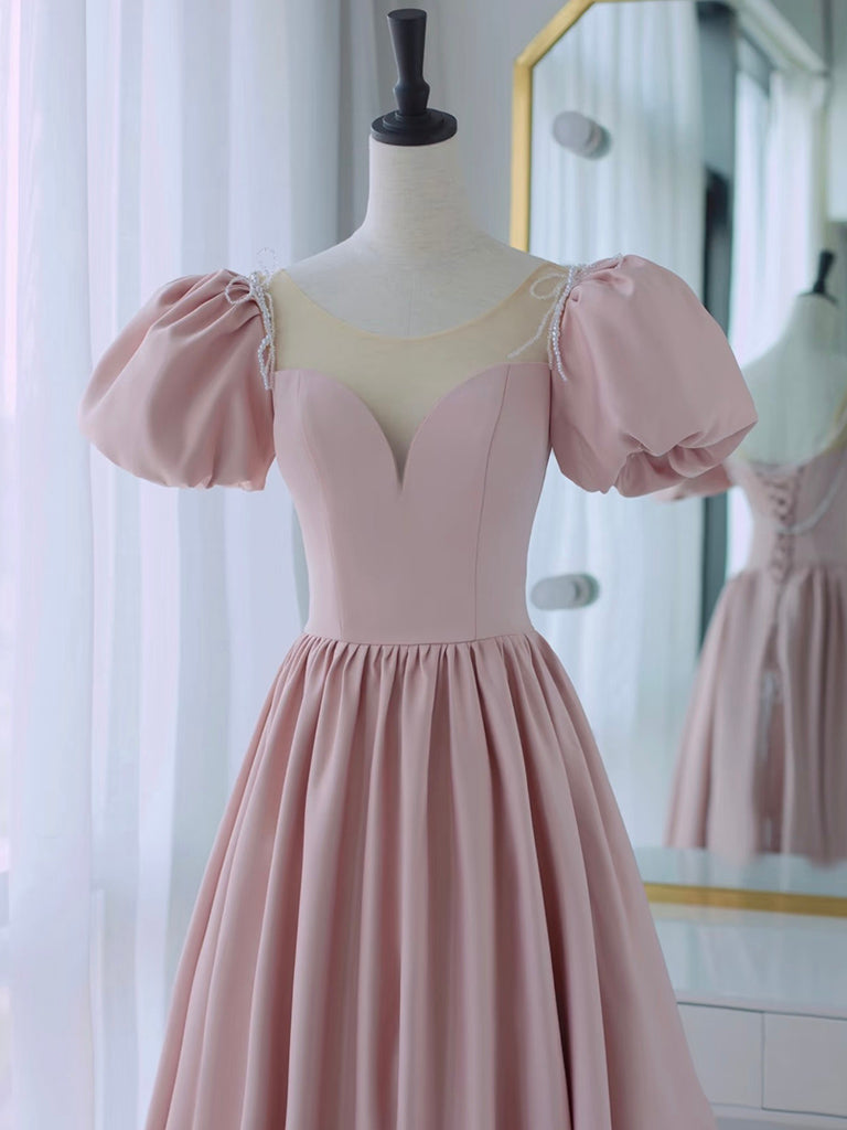 A-Line Puff Sleeves Satin Pink Long Prom Dress, Pink Long Formal Dress