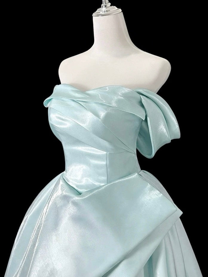 A-Line Off Shoulder Sweetheart Neck Floor Length Blue Prom Dress