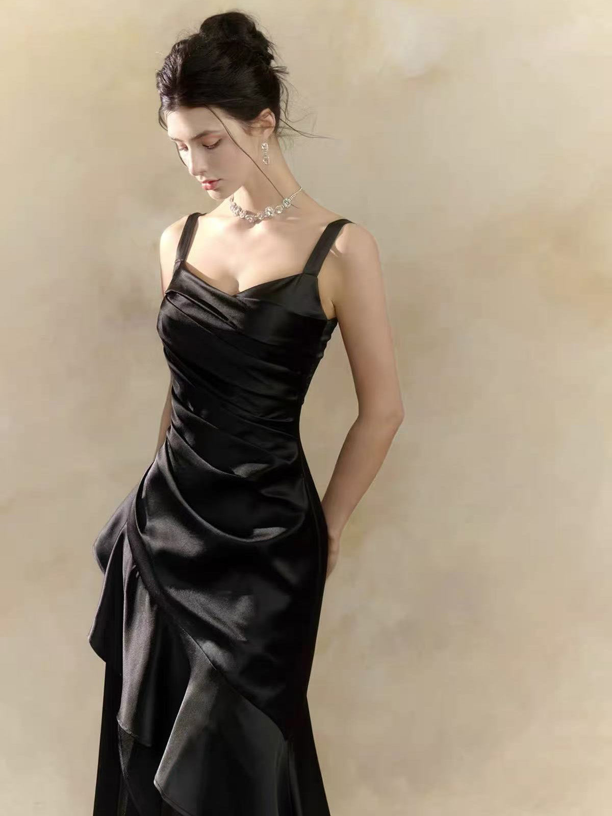 Simple Mermaid Satin Tea Length Black Prom Dress, Black Evening Dress