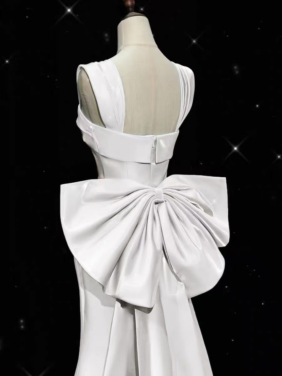 Simple Mermaid Satin Sweep Train White Long Prom Dress