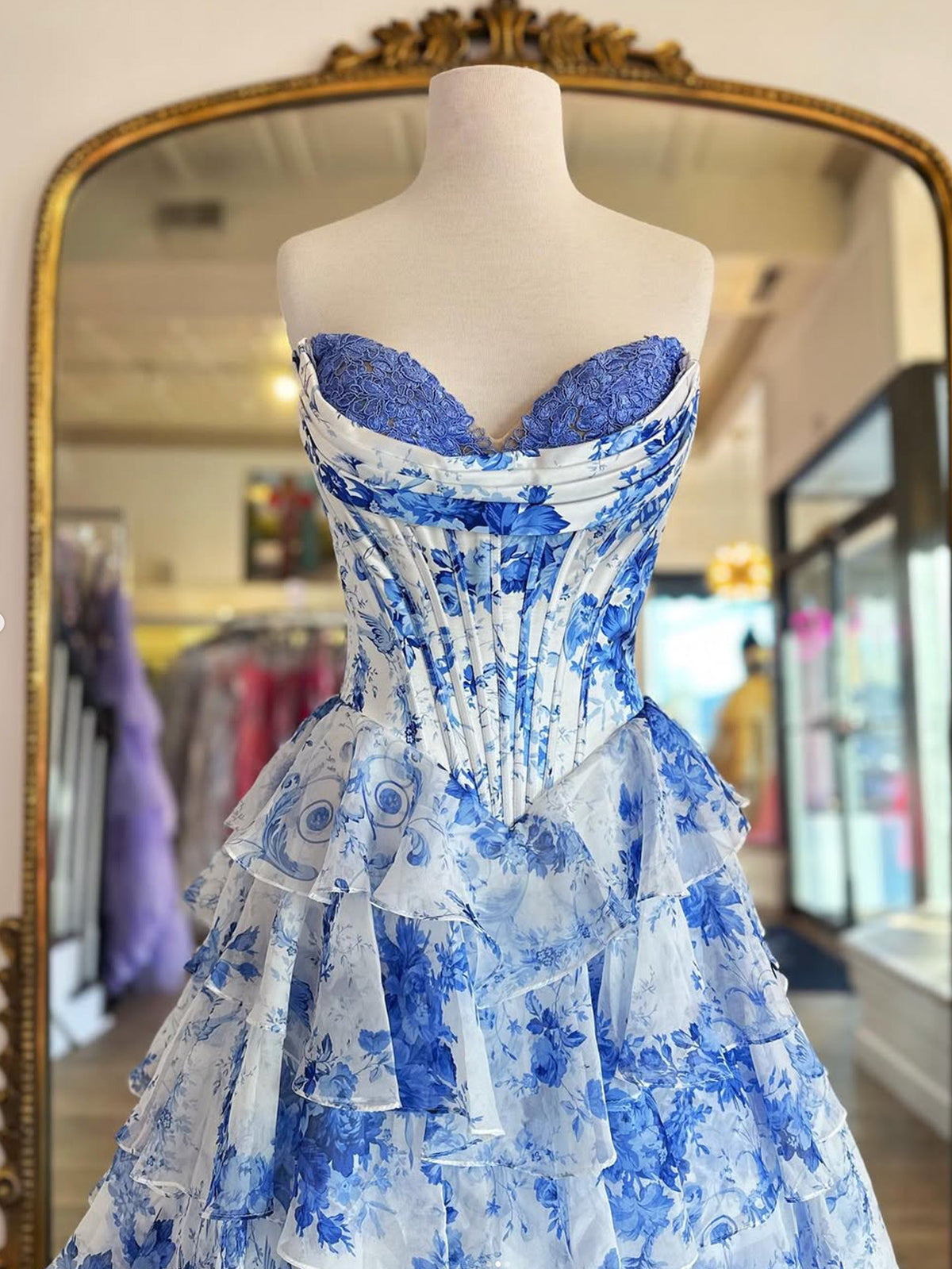 A-line Sweetheart Neck Printed Chiffon Blue Long Prom Dress with Lace Applique