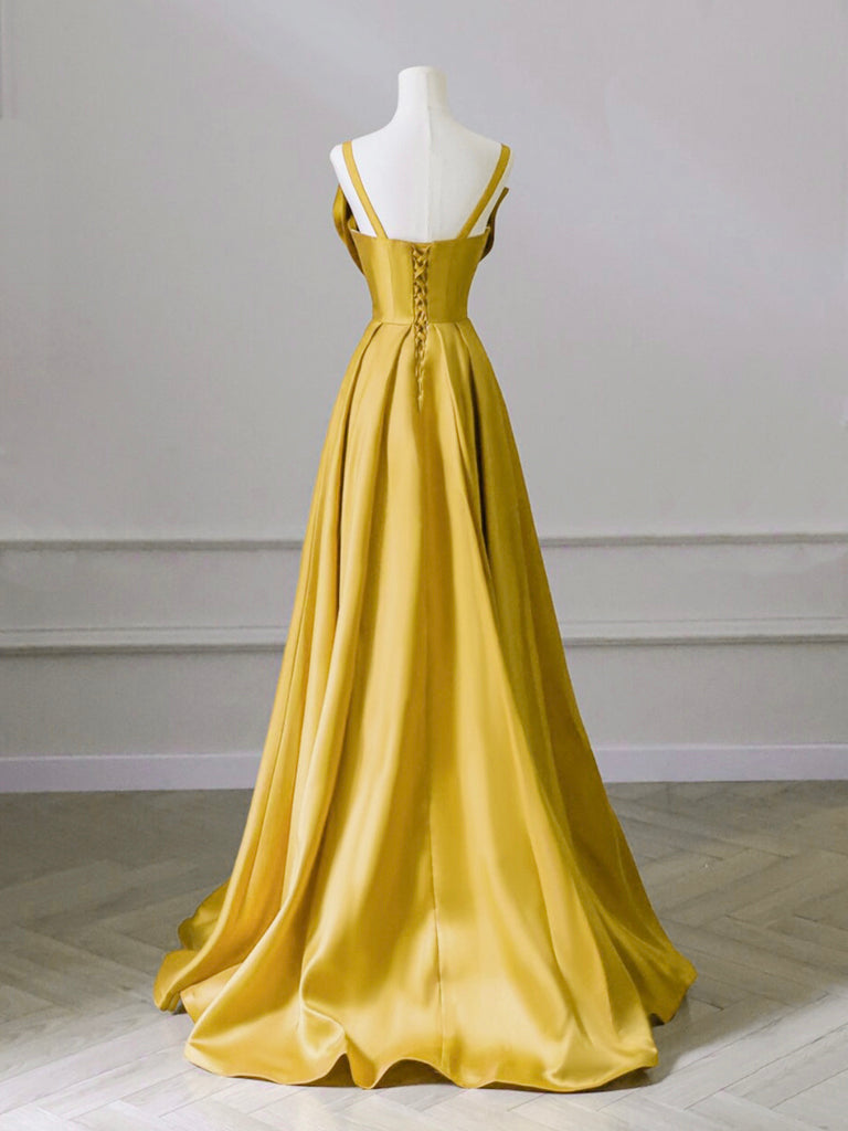 A-Line Sweetheart Neck Satin Yellow Long Prom Dress, Yellow Long Forma shopluu A-Line Sweetheart Neck Satin Yellow Long Prom Dress, Yellow Long Forma shopluu