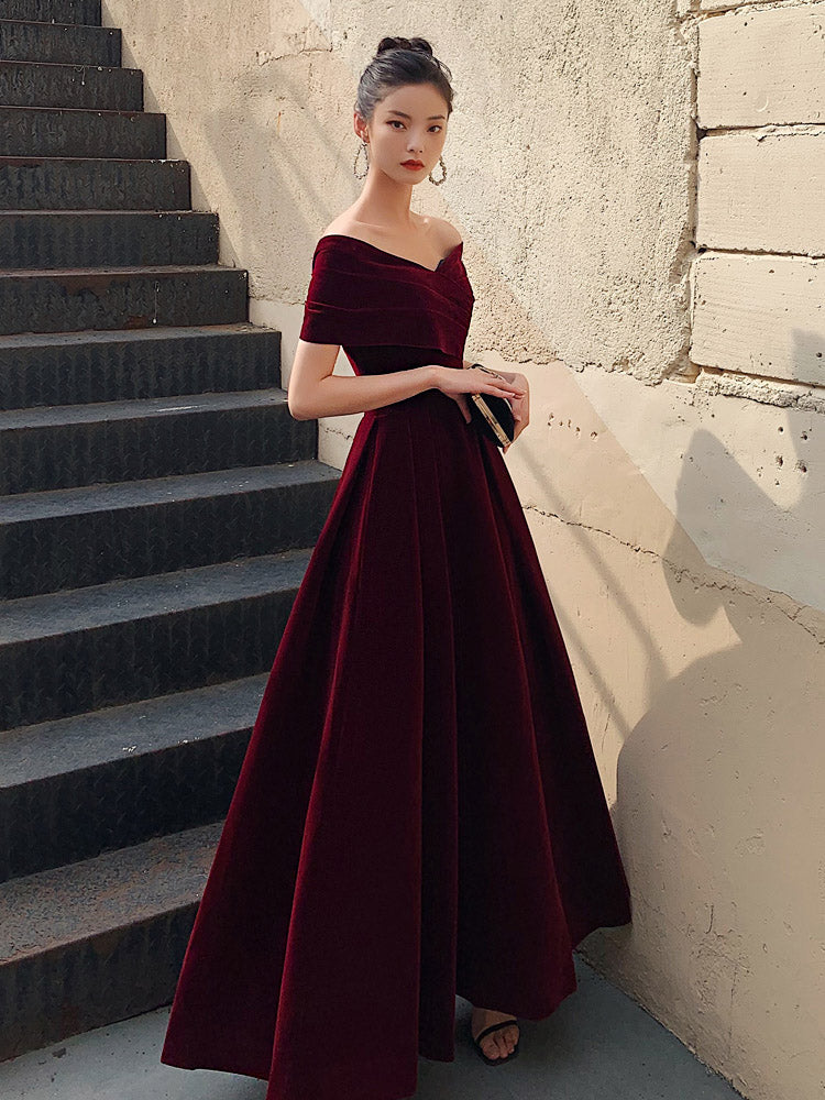red velvet off the shoulder prom dress Dark Red Velvet Off Shoulder Bridesmaid Dress, A-line Prom Dresses jkprom