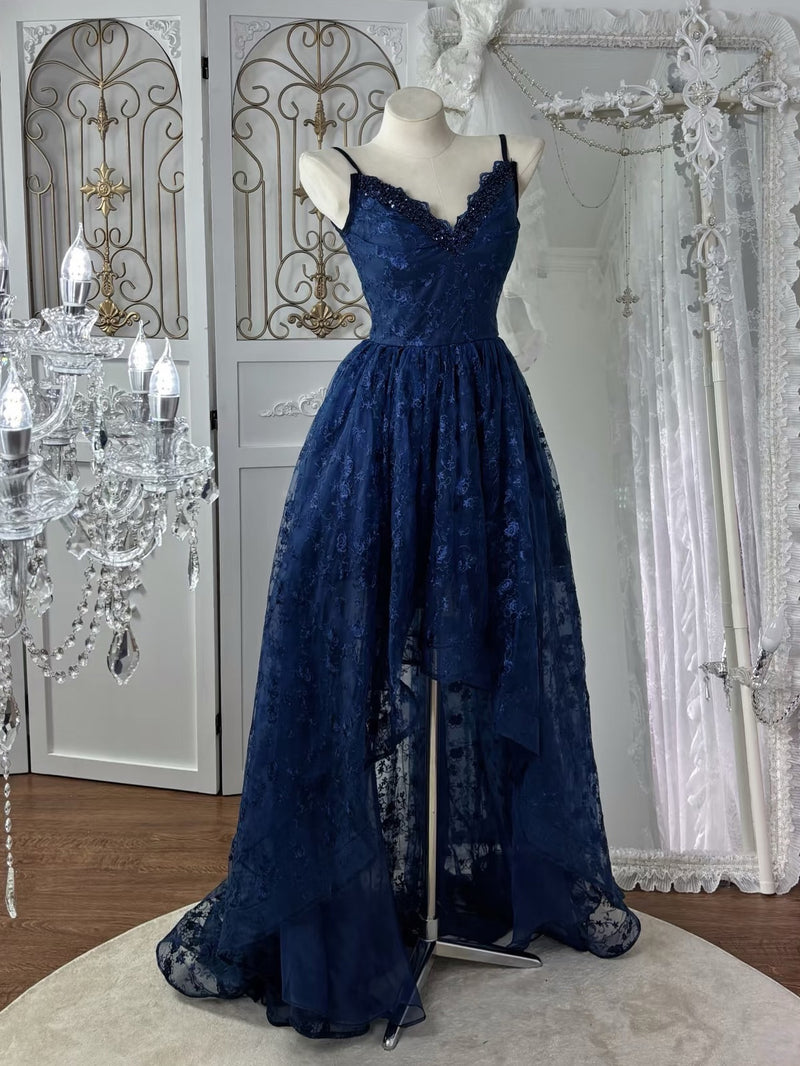 A-Line V Neck High Low Lace Dark Blue Prom Dress with Beads – shopluu