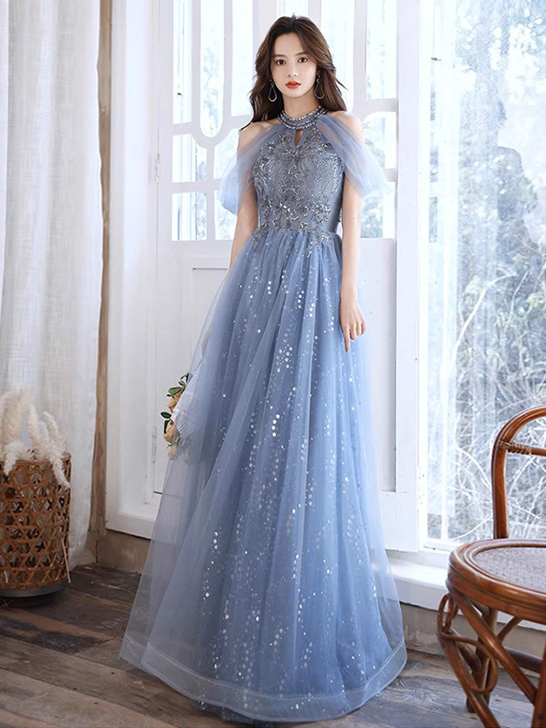 A-Line Off Shoulder Tulle Blue Long Prom Dress, Blue Lace Long Formal Dress US 2 / Custom Color A-Line Off Shoulder Tulle Blue Long Prom Dress, Blue Lace Long Formal Dress US 2 / Custom Color