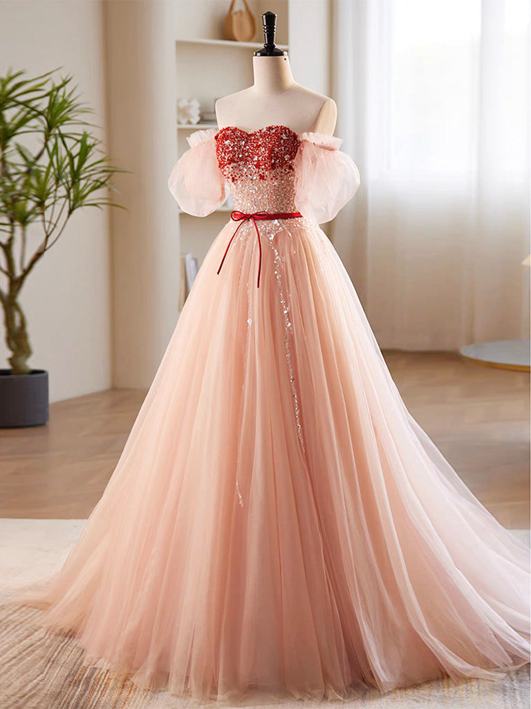sequin tulle dress A-Line Sweetheart Neck Sequin Tulle Pink Long Prom Dress, Pink Formal Dress US 6 / Custom Color