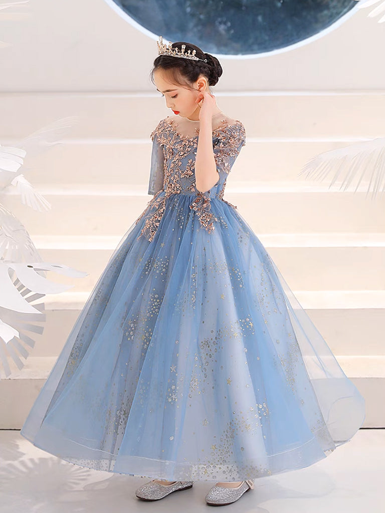 Blue Round Neck Tulle Sequin Lace Flower Girl Dress, Cute Blue Flower Girl Dress 7 / Blue Blue Round Neck Tulle Sequin Lace Flower Girl Dress, Cute Blue Flower Girl Dress 7 / Blue