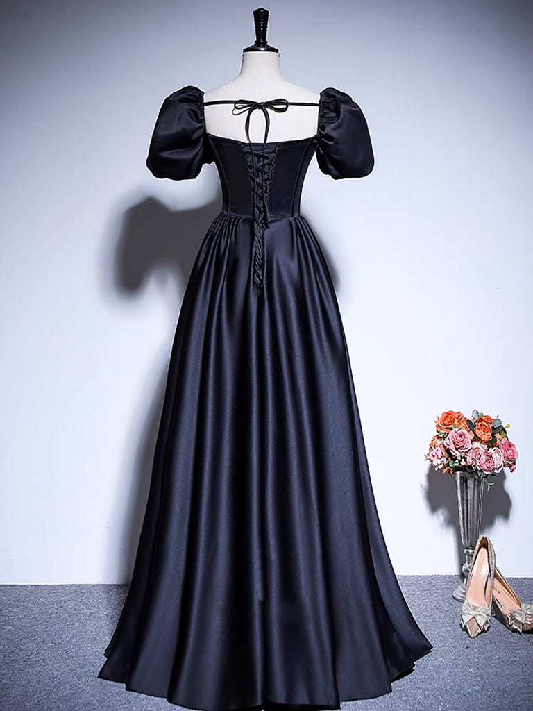 A-Line Satin Puff Sleeves Black Long Prom Dress, Black Long Evening Dress US 14 / Black A-Line Satin Puff Sleeves Black Long Prom Dress, Black Long Evening Dress US 14 / Black