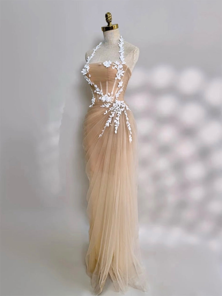 Mermaid Tulle Lace Floor Length Champagne Long Prom Dress US 12 / Champagne Mermaid Tulle Lace Floor Length Champagne Long Prom Dress US 12 / Champagne