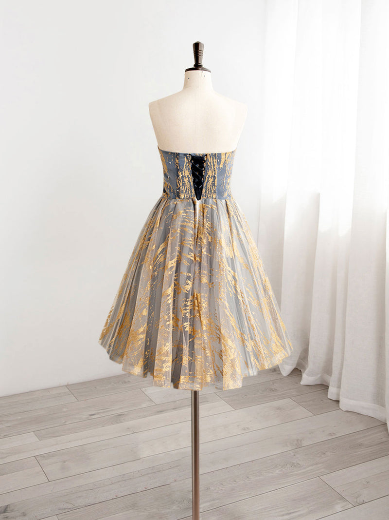 A-Line Gold/Blue Lace Short Prom Dress, Cute Homecoming Dress with Beading US 4 / Gold/Blue A-Line Gold/Blue Lace Short Prom Dress, Cute Homecoming Dress with Beading US 4 / Gold/Blue
