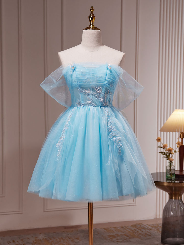 Off The Shoulder Short Blue Prom Dresses, Short Blue Lace Formal Homecoming Dresses, US 12 / Custom Color / No Rush Off The Shoulder Short Blue Prom Dresses, Short Blue Lace Formal Homecoming Dresses, US 12 / Custom Color / No Rush