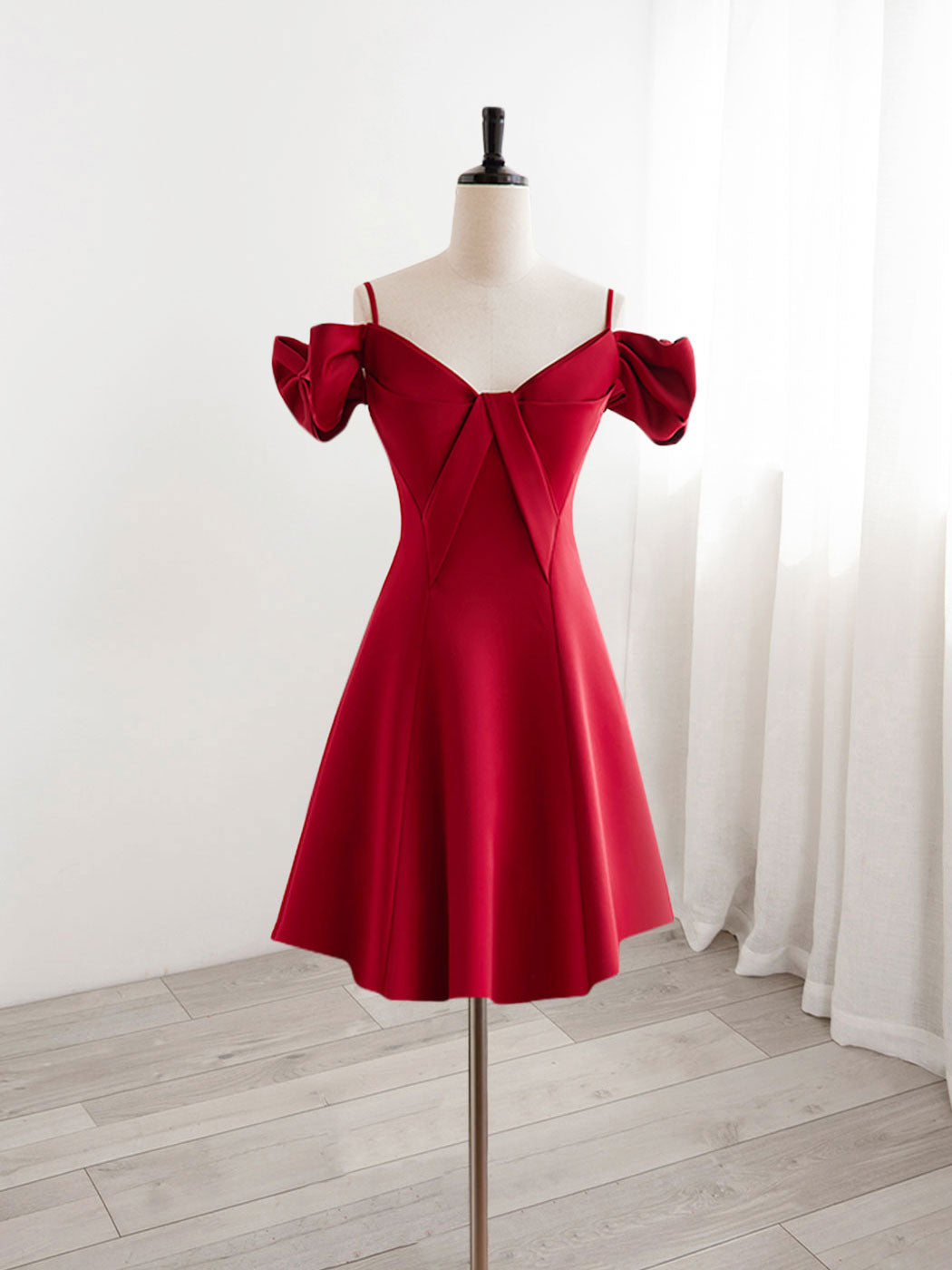 Burgundy V Neck Satin Short Prom Dress, Burgundy Homecoming Dress