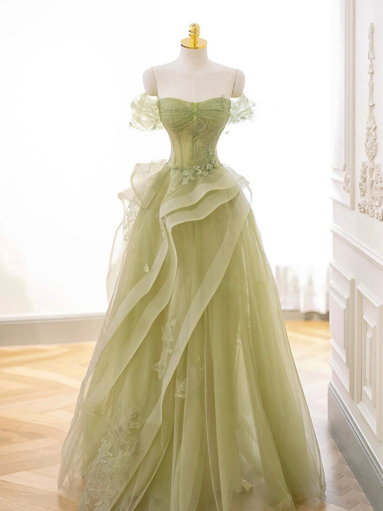 A Line V Neck Sage Green Lace Prom Dresses, Green Lace Formal Gradution  Dresses